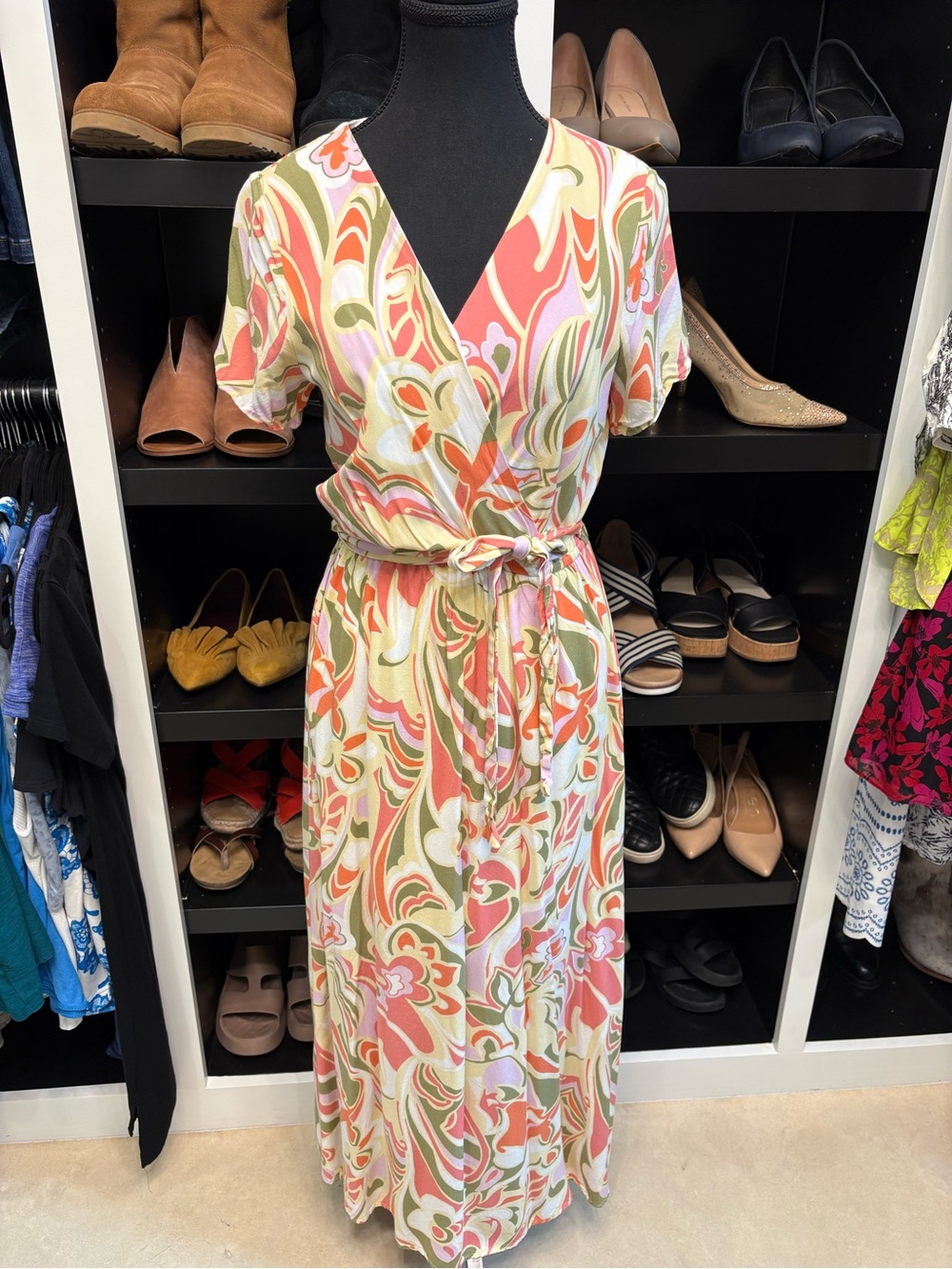Wrap Maxi Dress in Coral, Olive & Cream
